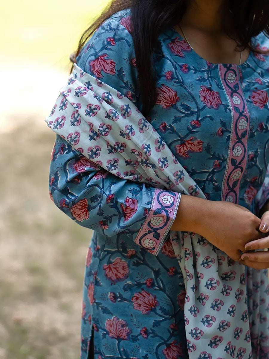 Blue Lotus Muslin Suit Set - Hand Block Printed