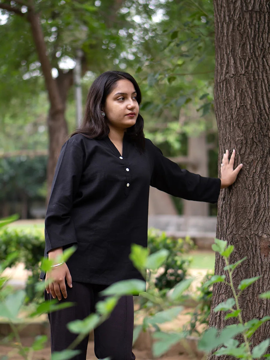 Black Cotton Short Kurta