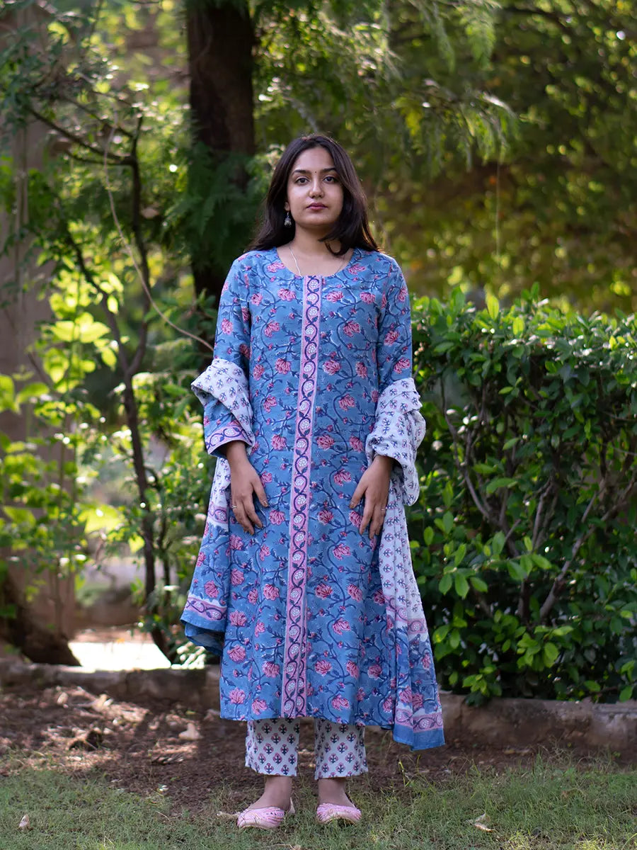 Blue Lotus Muslin Suit Set - Hand Block Printed