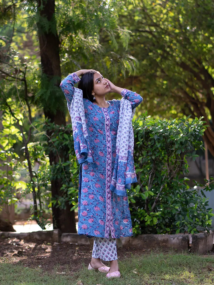 Blue Lotus Muslin Suit Set - Hand Block Printed