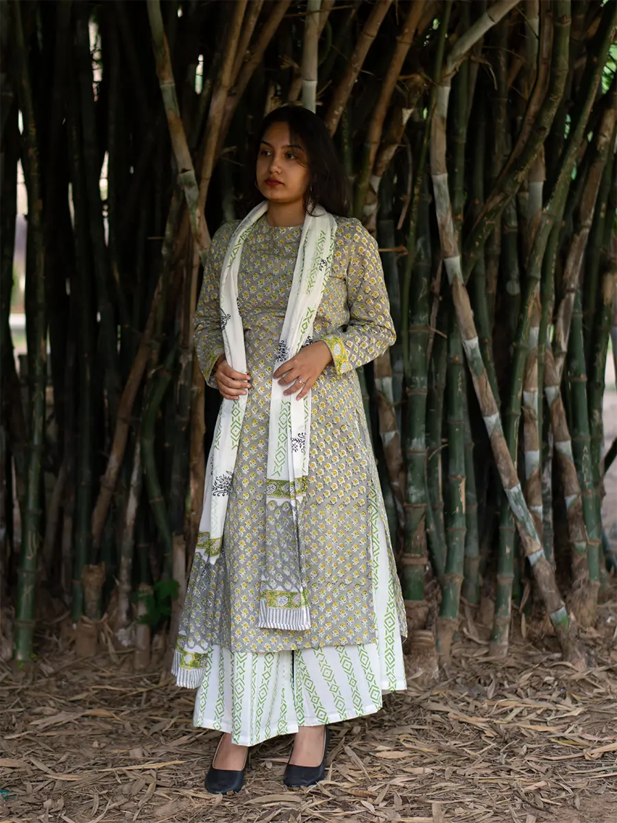 Dusty Cotton Suit Set - Hand Block Printed