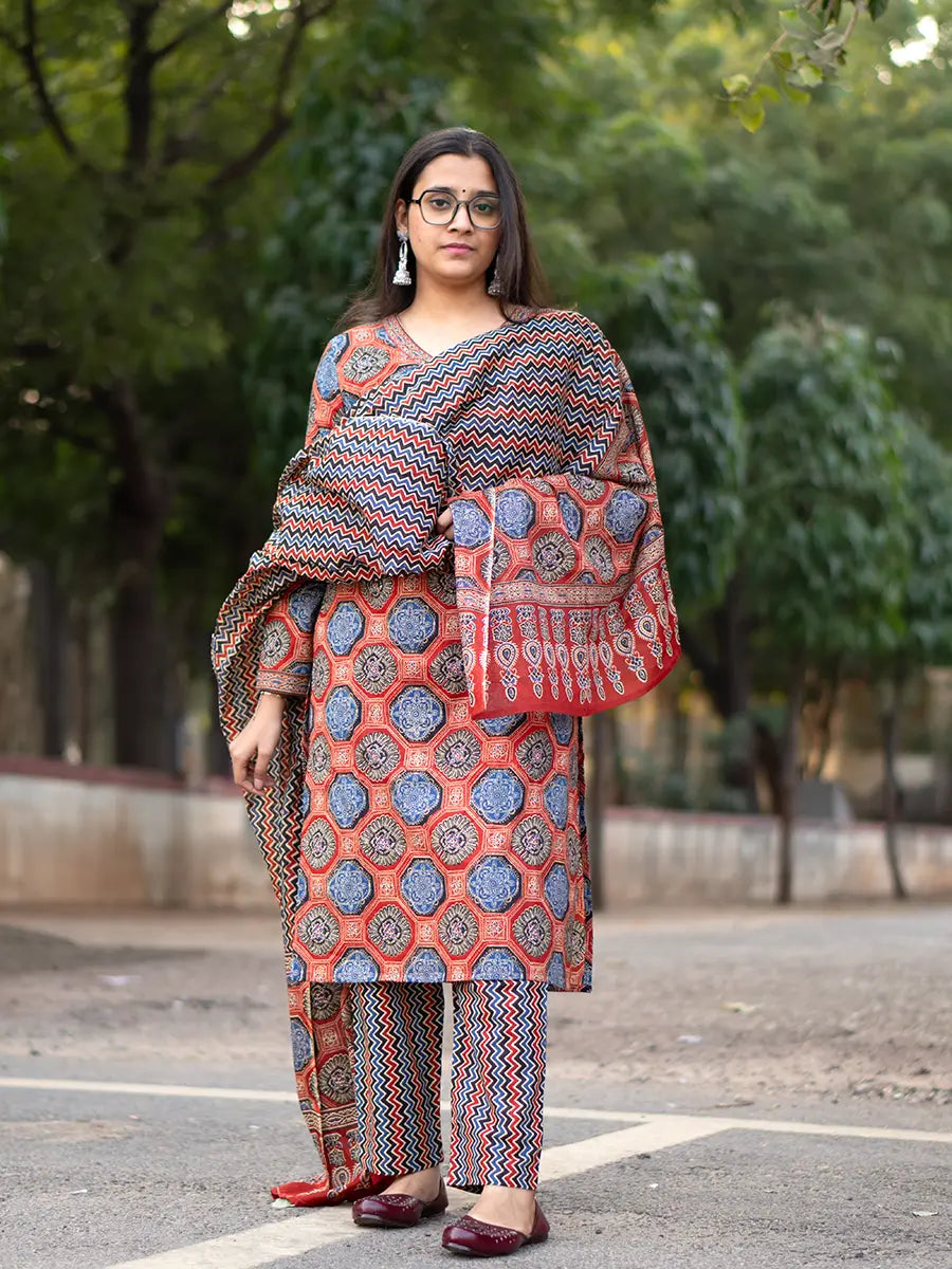 Ryna Ajrakh Suit Set - Hand Block Printed