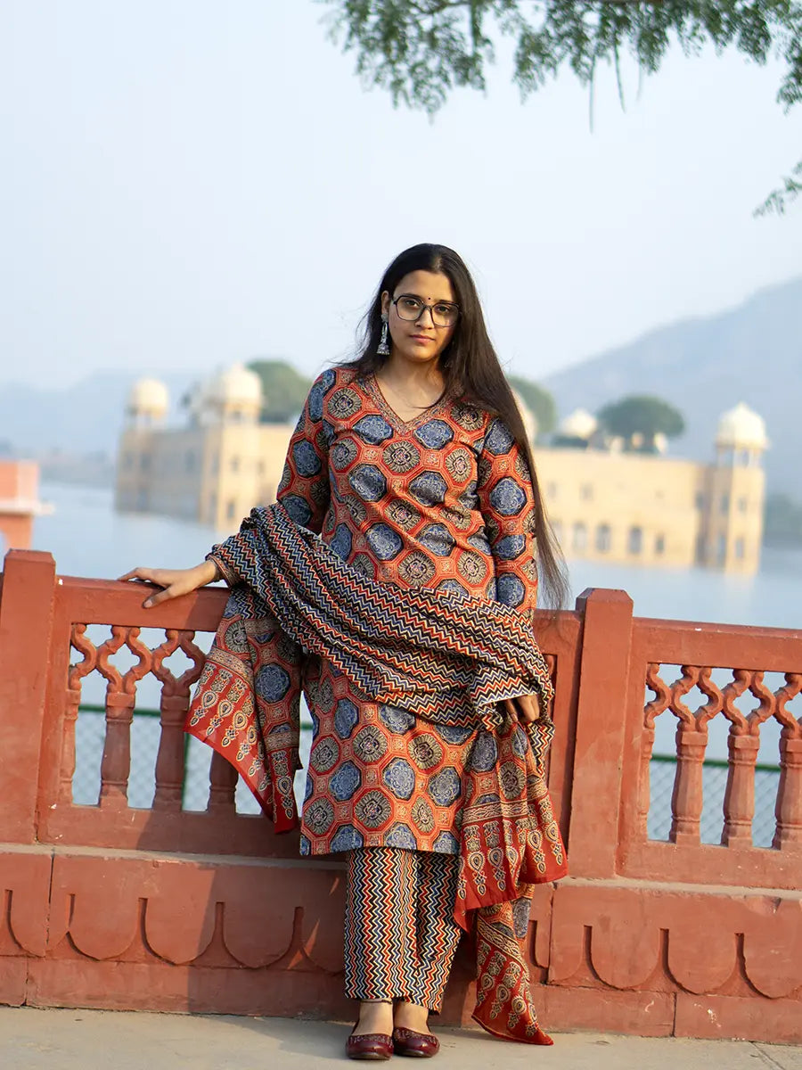 Ryna Ajrakh Suit Set - Hand Block Printed