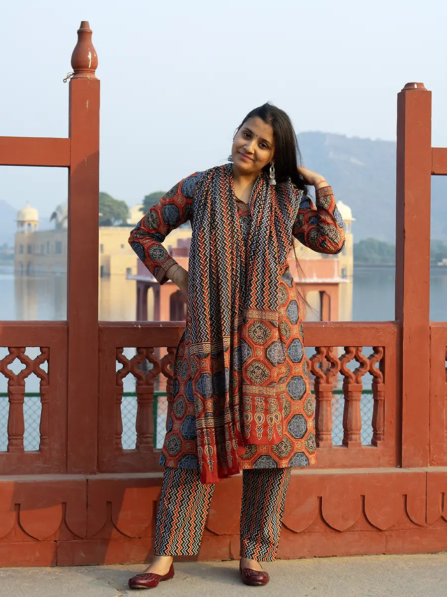 Ryna Ajrakh Suit Set - Hand Block Printed