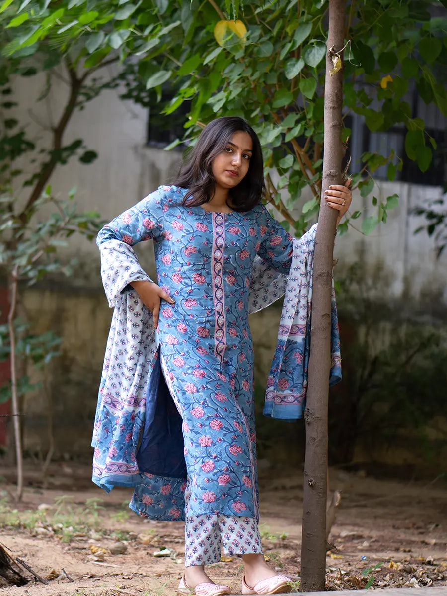 Blue Lotus Muslin Suit Set - Hand Block Printed