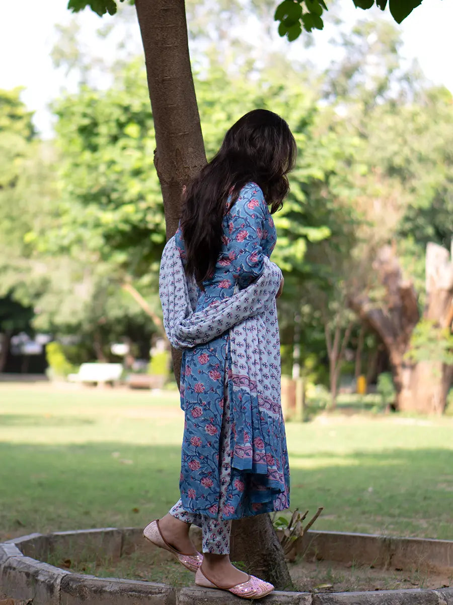 Blue Lotus Muslin Suit Set - Hand Block Printed